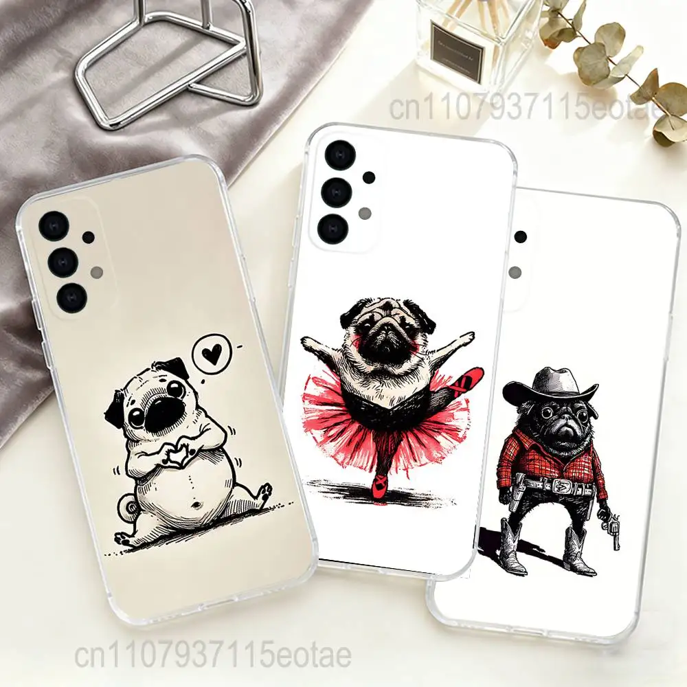 Capa de telefone engraçada com cão pug bulldog para Samsung S30, S25, S24, S23, S21, S22, S20, S10, 5G, FE, lite, PIus, capa ultra transparente