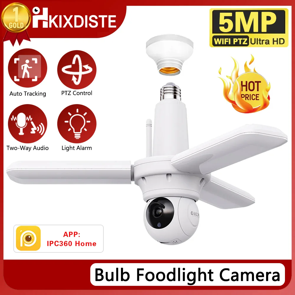 

Smart 5MP WIFI Security Camera E27 Bulb Floodlight 2K HD Video Wireless Surveillance IP Cameras Wi-Fi PTZ Home CCTV Night Vision