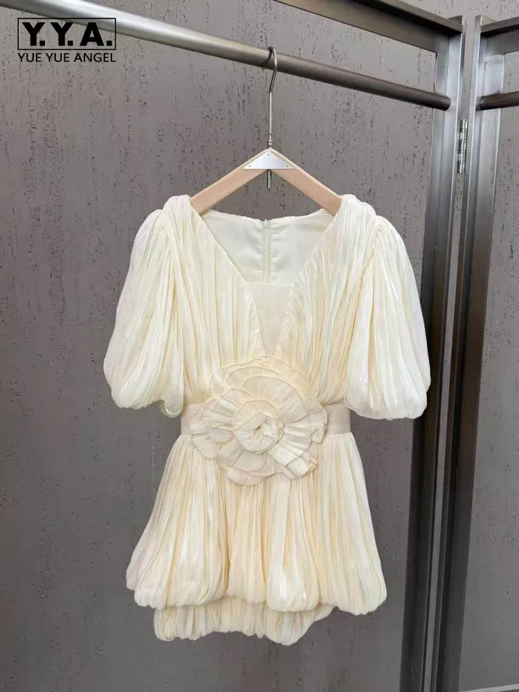 

Elegant Office Ladies Summer Short Dress Solid V Neck Puff Sleeve High Waist Flower Slim Fit Women Vintage Party Pleated Dresses