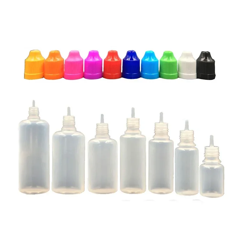 50 Uds (5ml-120ml) botellas cuentagotas LDPE vacío exprimible ojo E jugo líquido contenedor de aceite de humo tapa CRC punta cuentagotas + embudos