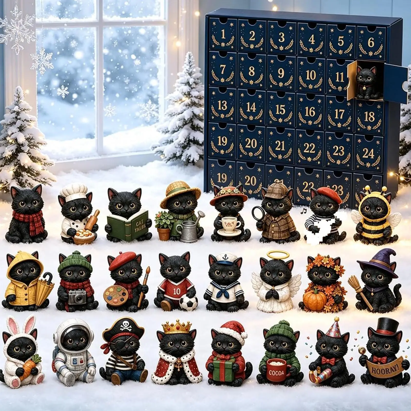 2026 Black Cat Christmas Advent Calendar 24-Day Countdown Calendar 2D Acrylic Cat Ornaments Cute Collectible Gift for Cat Lovers