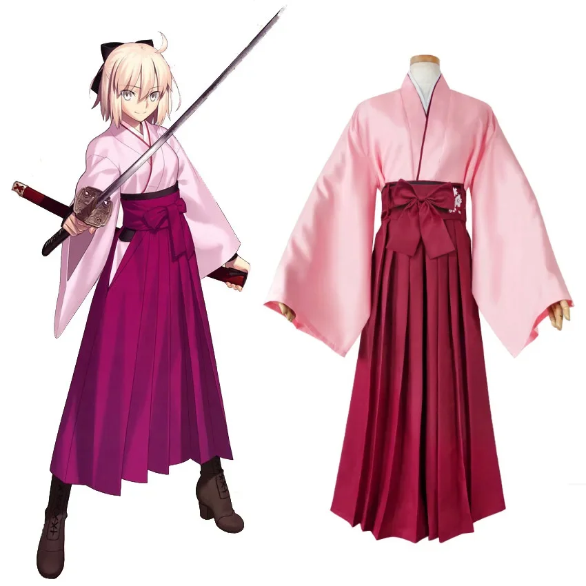 Anime fgo Fate/Grand Order sakura saber okita souji kendo uniform wigs cosplay costume full set kimono halloween Party outfit