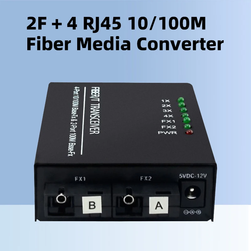 SC 2 Fiber FX +4Port RJ45 10/100M Base -Tx Fiber Transciver  A B Fiber Media Converter 1PCS