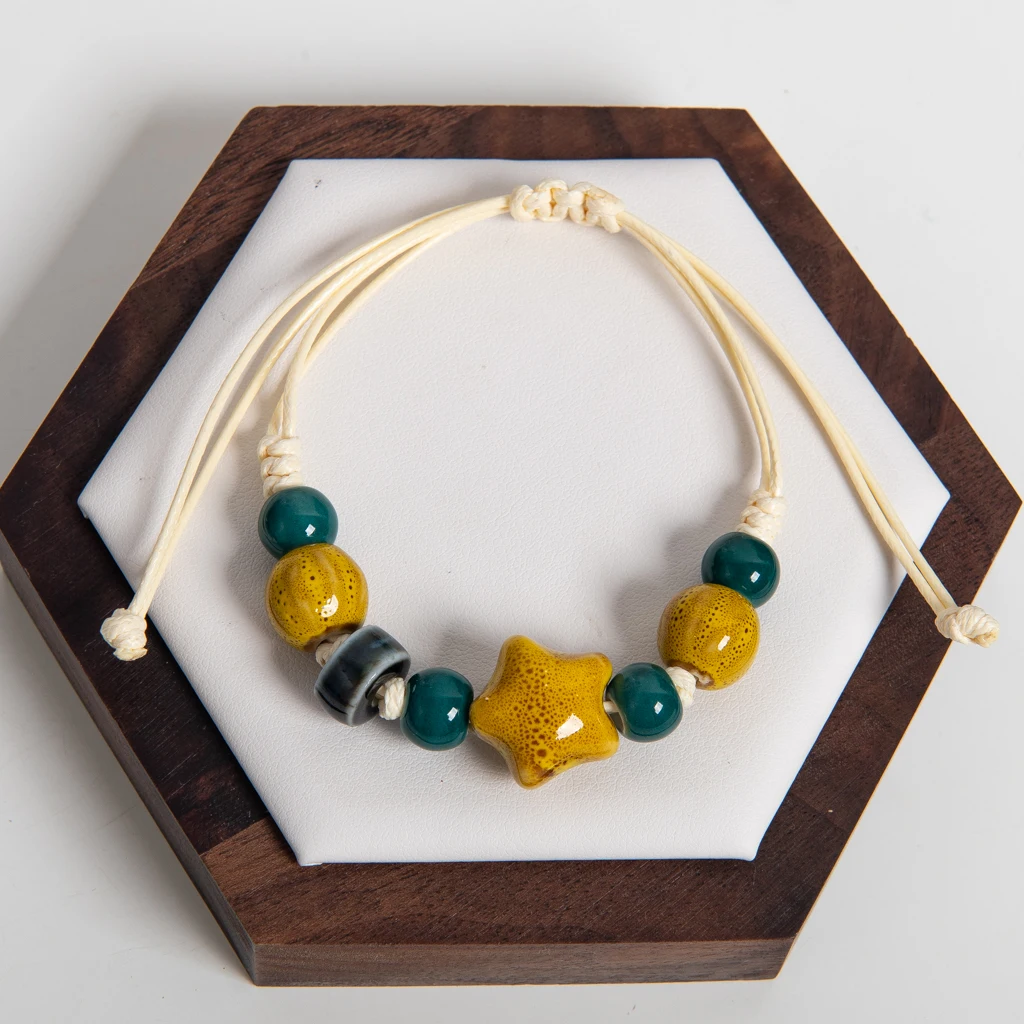 Adjustable Handmade Ceramic Amber Star and Melon Bead Bracelet Multicolor Wax Cord Woven Jewelry Boho Style Gift for Couples