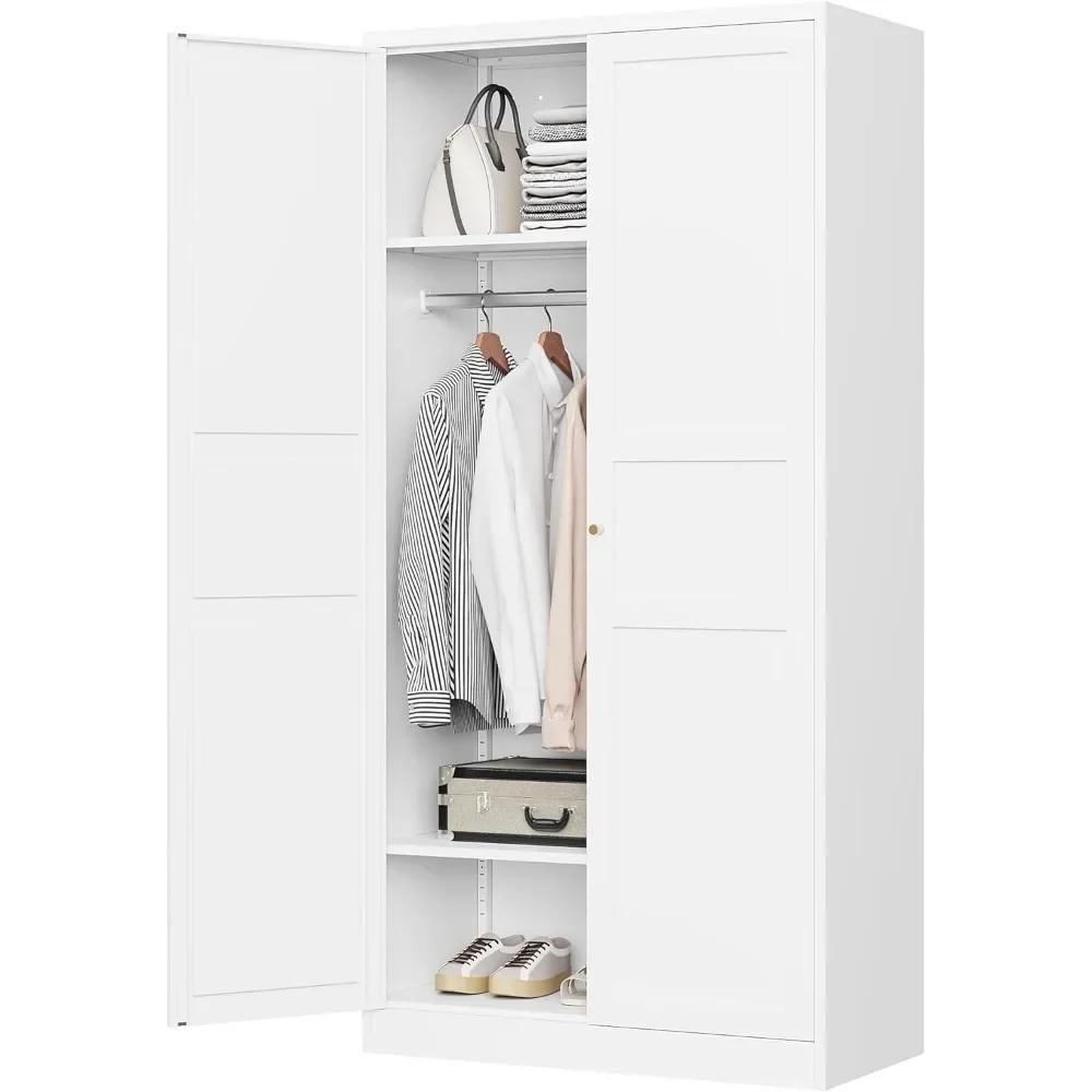 for Wardrobe Closet with 2 Doors, Metal Clothing Storage Cabinets with Hanging Rod, Bedroom Armoires Laundry Room