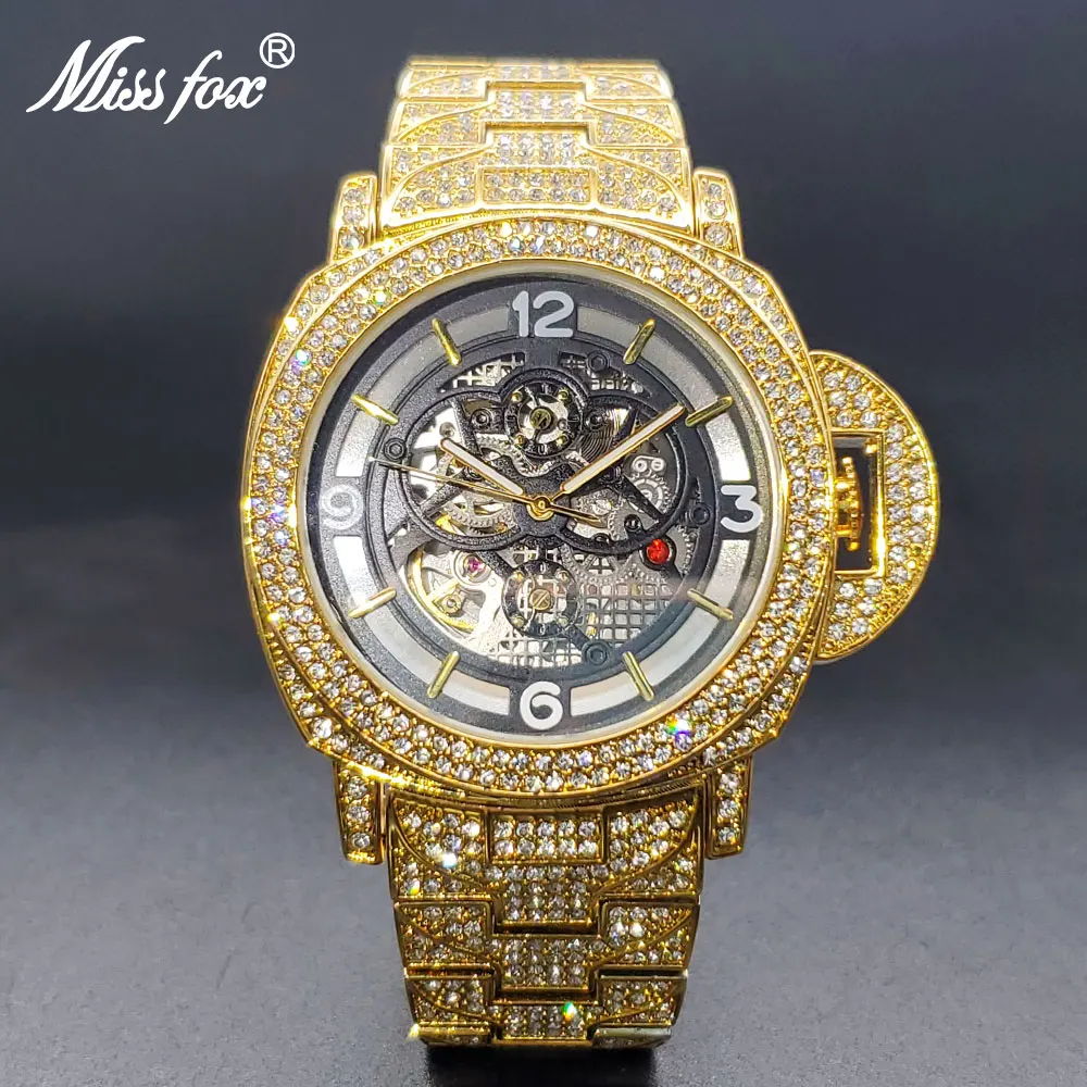 

Gold Mechaincal Watch For Men Luxury Diamond Unique Stylish Male Automatic Watches Large Dial Luminous Hand Clock Droshipping