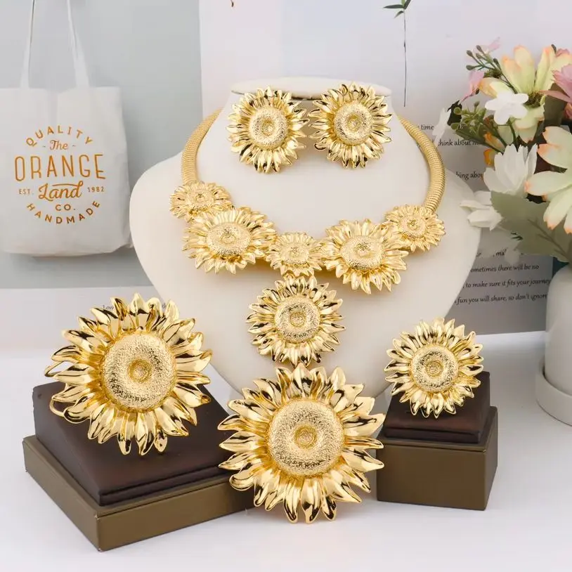 

African Gilding Sunflowers 4pcs Jewelry Set for Women Vintage Necklace Earrings Bangle Ring Fashion Accessories for Party Gift