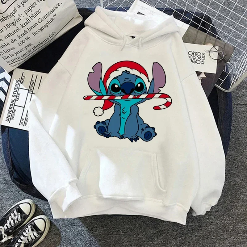 Funny Hoodies Women Harajuku Disney Stitch Christmas Pullovers Cute Kawaii Casual Tops Angel Print Long Sleeve Hooded Sweatshirt