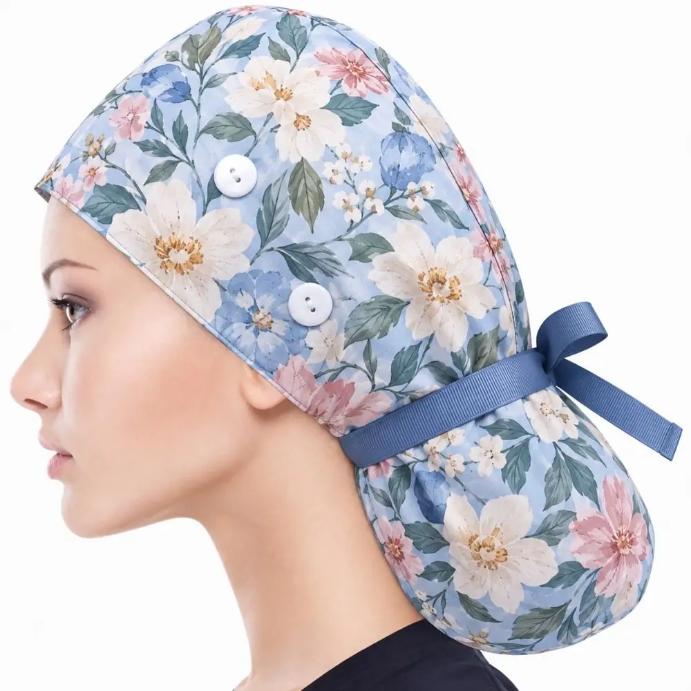 Practical Ponytail Pouch Satin Scrub Caps Button Closure Frizz Reducing Working Cap Adjustable Tie Nurse Scrub Caps Unisex