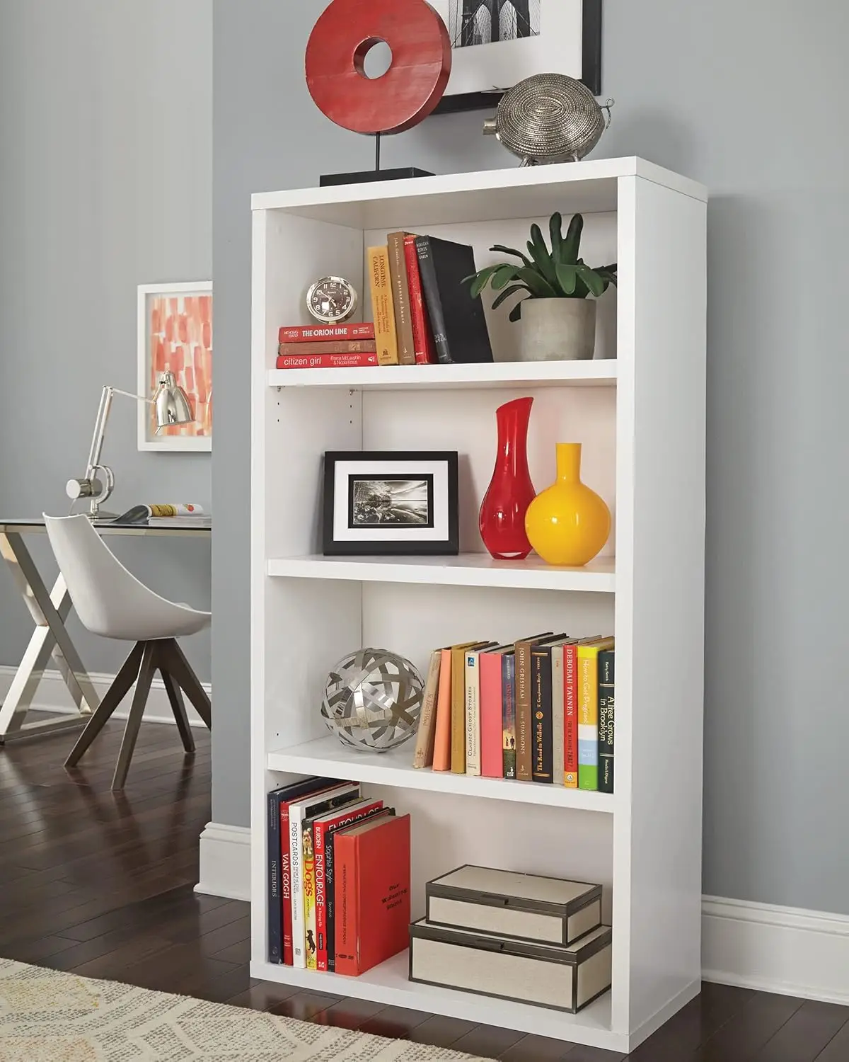 ClosetMaid Bookshelf with 4 Shelf Tiers, Adjustable Shelves, Tall Bookcase Sturdy Wood with Closed Back Panel, White Finish