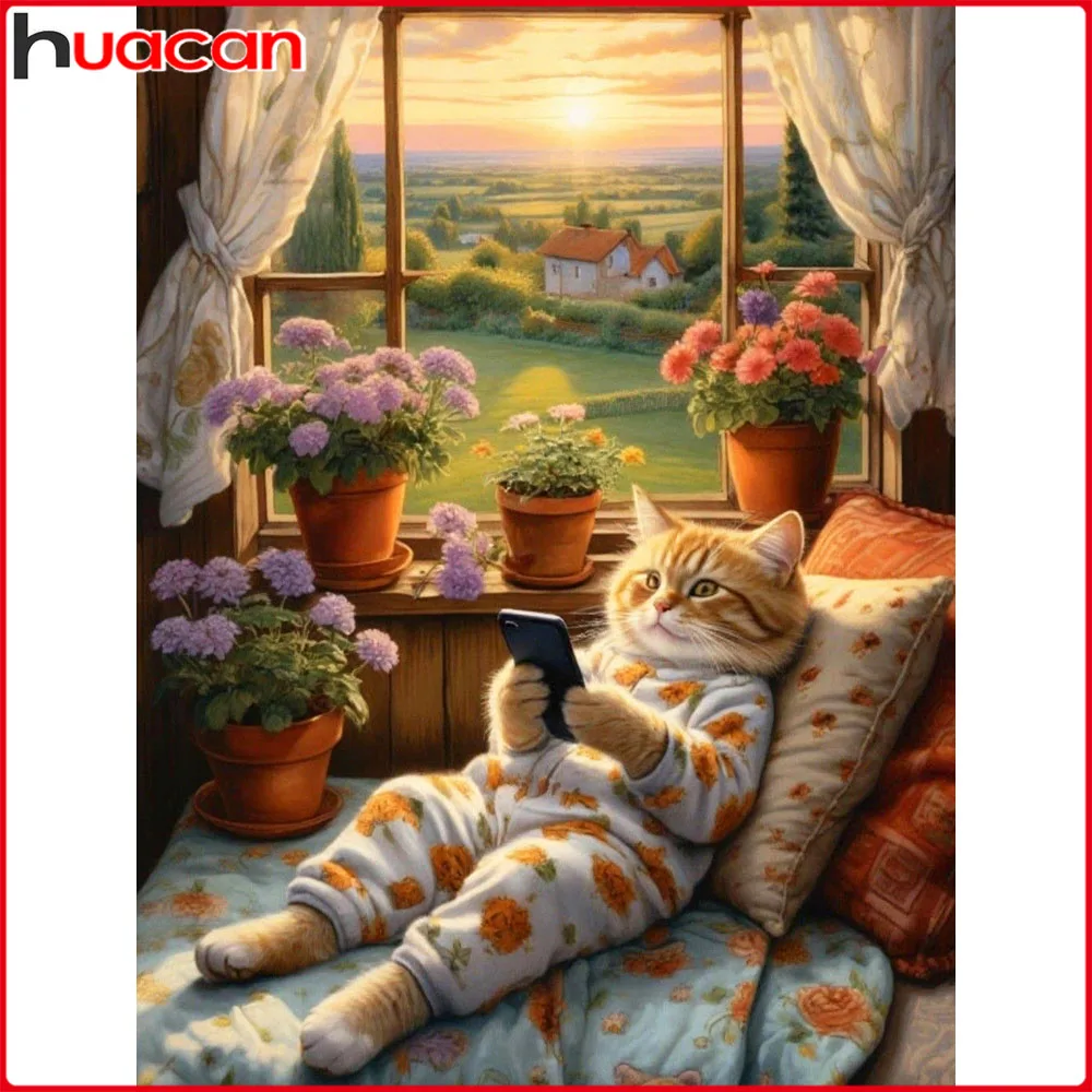 Huacan Vollquadrat-Rundbohrer Diamantmalerei Katze Blume Sonnenuntergang Diamant-Mosaik Tier-Set Heimdekoration