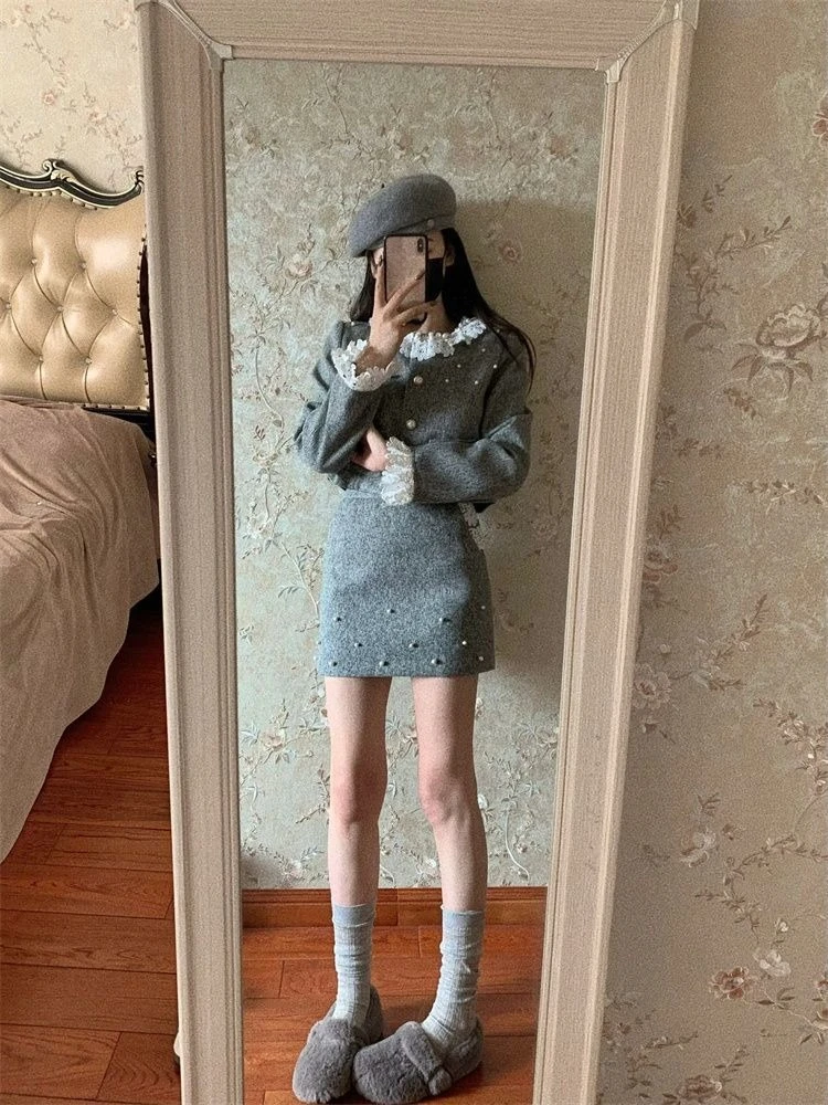 French Vintage Solid Patchwork Two Piece Set Women Elegant Long Sleeves Coat + Mini Skirts Suit Buttons Design Sense Outfit 2026