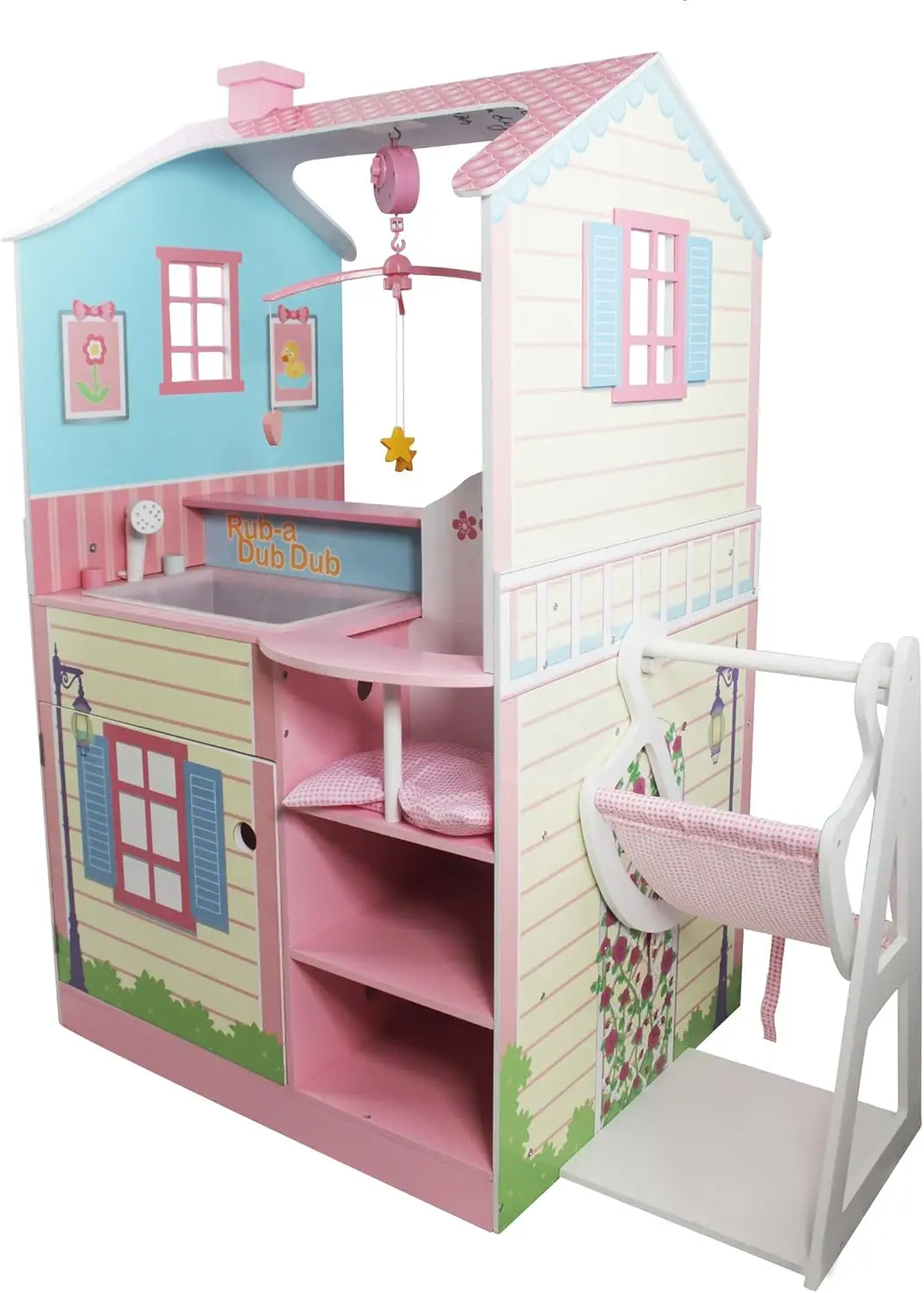 All in One 16-18 inch Baby Doll Wooden Nursery Center - Double Sided Dollhouse for Baby Dolls with Swings - Multi- Functional Ch