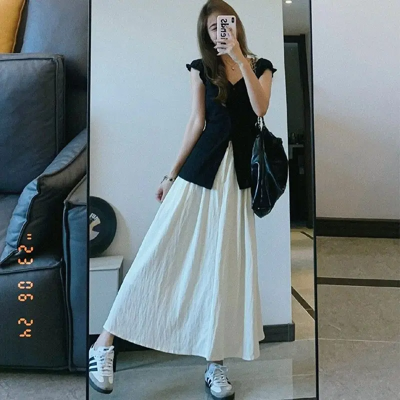 2025 New Korean Style Casual A-LINE Solid White Pleated Midi Skirt High Waist Spring Summer Women Skirt