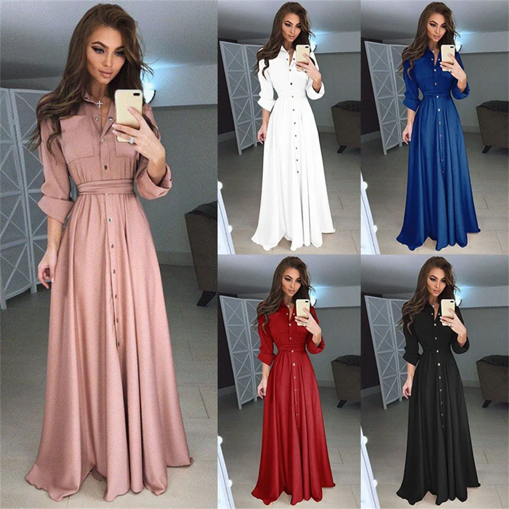 

2024 Women's new fashion casual commuter women's dress chiffon solid color long-sleeved button-up dress