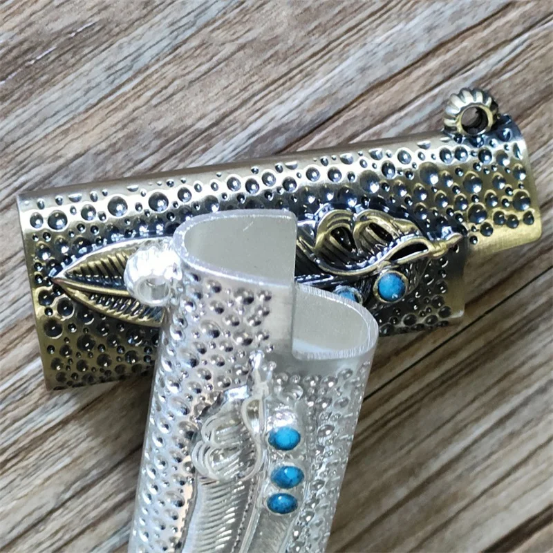 Fashion Gold and Silver Feather Patterns Explosion-Proof Gas Lighter Metal Armor Shell For Bic J5 Lighters Reusabl Protect Box