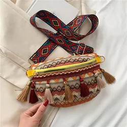 Women Ethnic  Style Waist Bags With Adjustable Strap Variegated Color Fanny Pack with Fringe Decor Crossbody Chest Bags