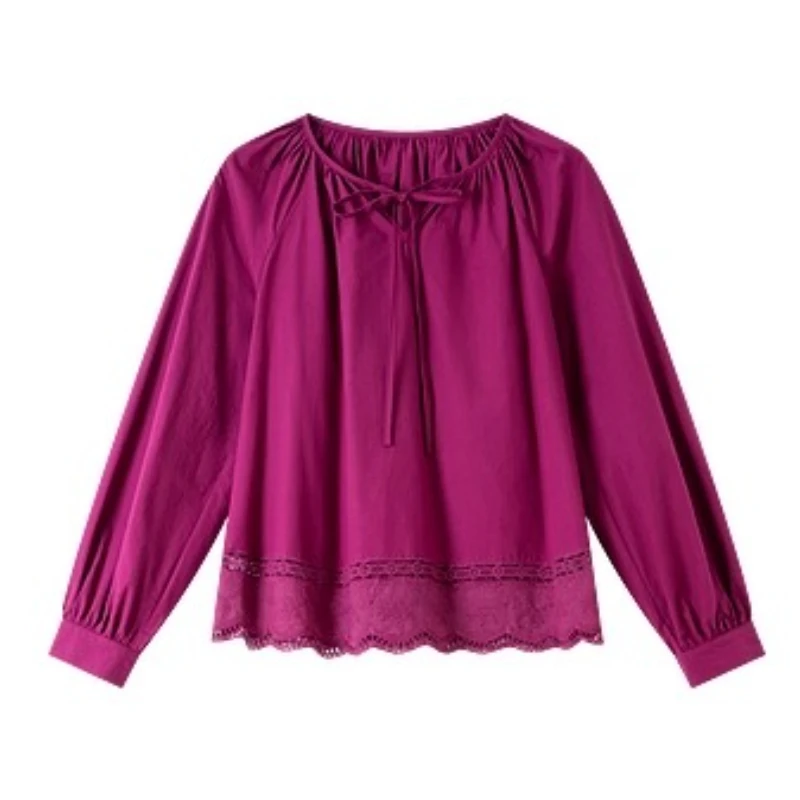 VIMLY Blouses Woman 2025 Autumn Long Sleeve Pure Cotton New Loose Shirts Casual Lace Splicing Hollow Out Hem Ladies Tops A1988