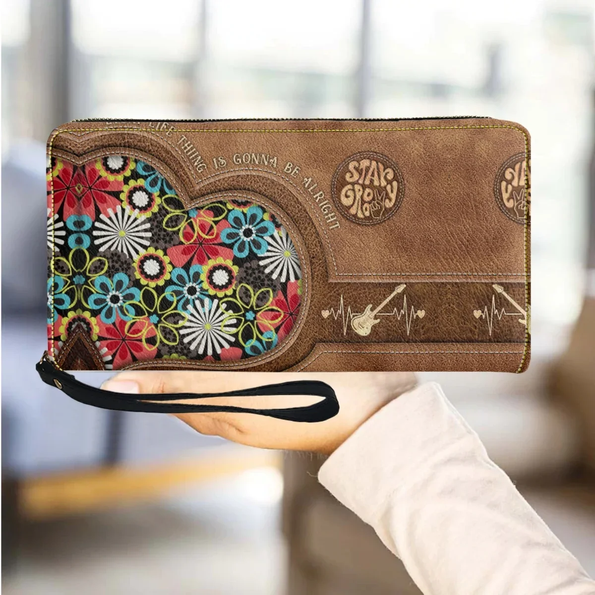 Hippie Peace and Love Personalized Women's Wallet Long Zipper Purse for Female Casual Wrist Strap Coin Case carteira feminina