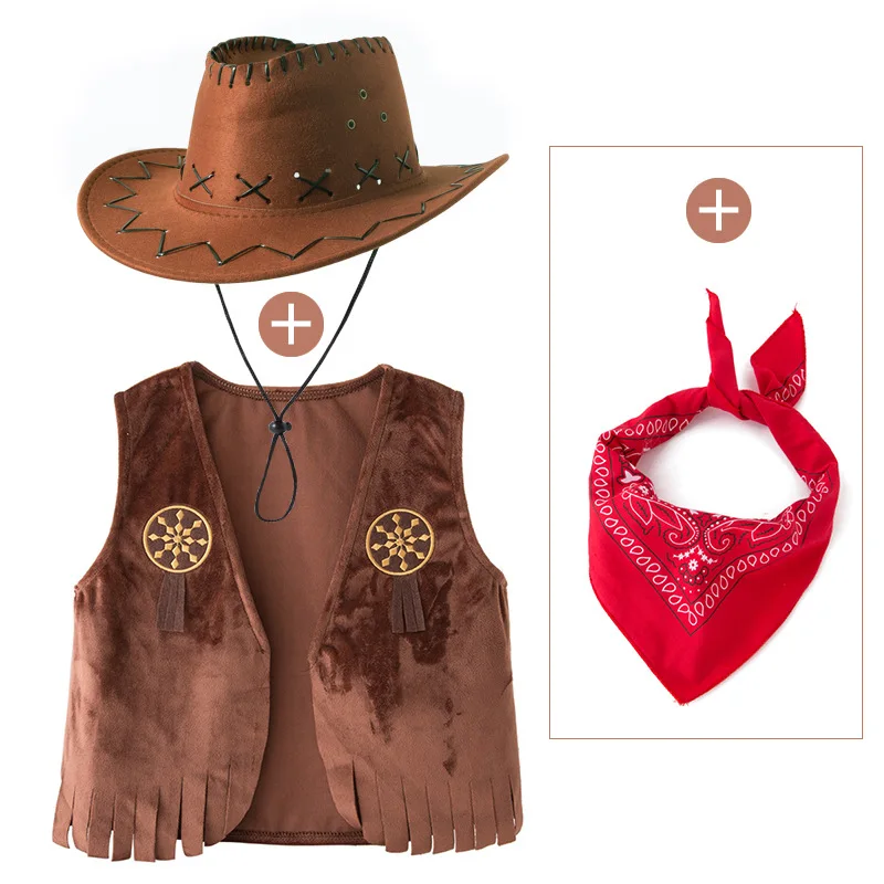 Conjunto de Chaleco Vaquero de Felpa Marrón para Niños con Pañuelo y Sombrero, Disfraz de Vaquero del Oeste para Niños, Traje para Fiestas y Actuaciones