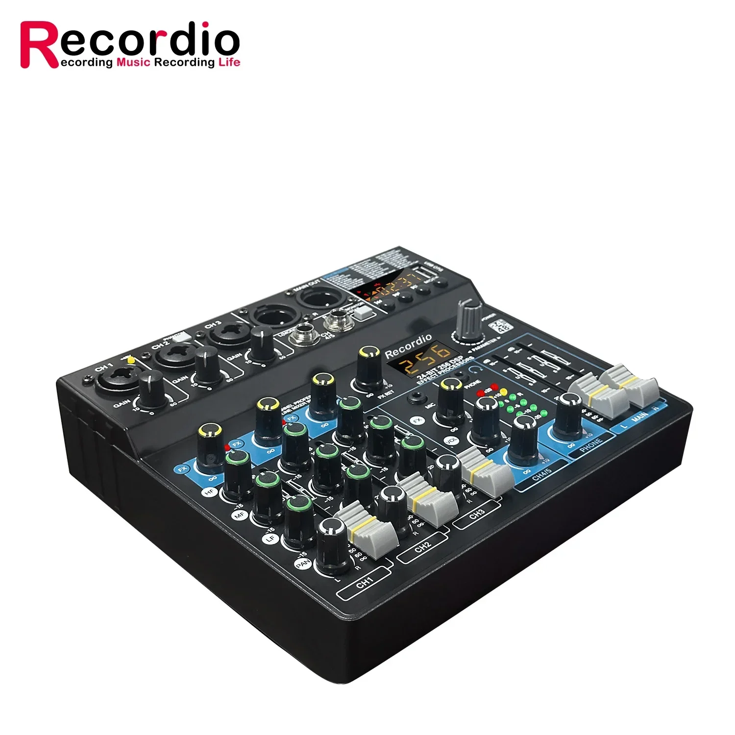 GAX-GT9 Six Channel USB Mixer DJ Sound Controller Mini Portable Sound Mixing Console 256 DSP Black 5V/2A USB Powered