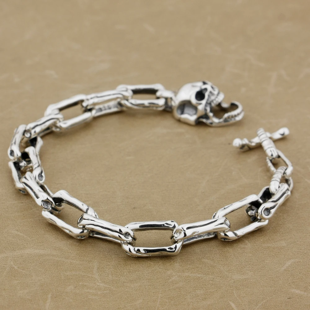 

925 Sterling Silver Skull Bone Bracelet Biker Rocker Punk Chain 8W008