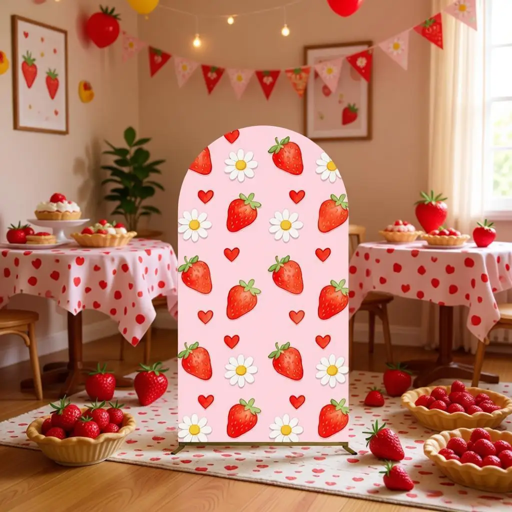 Red Strawberry Theme Birthday Party Decor Arch Cover Backdrop Baby Shower Baby Kids Portrait Custom Elastic Arch Stand Covers