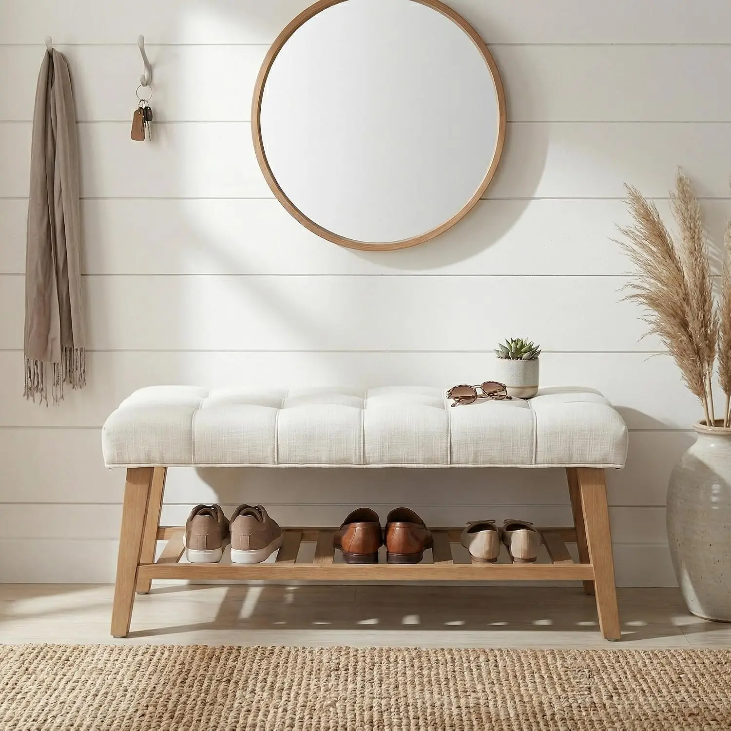 Entryway Shoe Bench with Button Tufted Seat & Open Shelf, Hallway Living Room Bedroom Storage, Beige, Customized