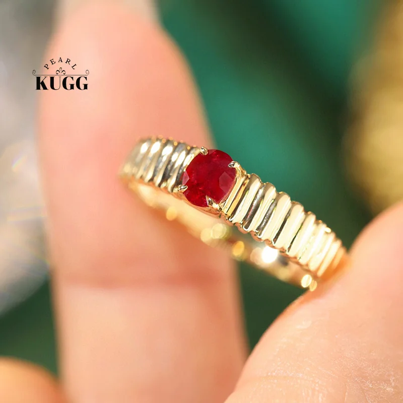 KUGG 100% 18K Yellow Gold Rings Fashion Metal Design INS Style Real Natural Ruby Engagement Ring for Women High Wedding Jewelry