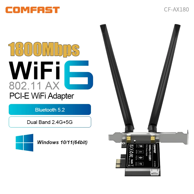 Adaptador COMFAST WIFI6 PCIE 1800M BT5.2 Gaming PCI-E Placa de rede 2.4G/5G Adaptador de placa de rede sem fio de mesa para Win10/11