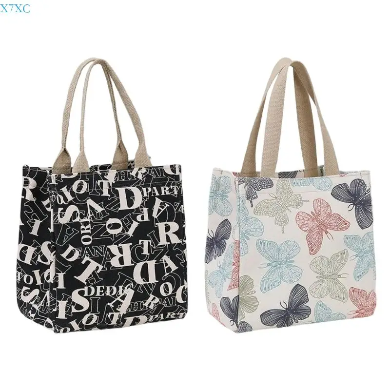 

X7XC Women's Canvas Toted Bag Reusable Grocery Cloth Bag Lunch Bag with Inner Pocket