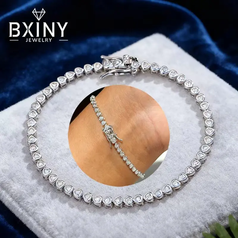 

BXINY Набор безелей с муассанитом в форме сердца, теннисные браслеты, 100% серебро S925, лабораторная бриллиантовая цепочка на руку для женщин, вечерние ювелирные изделия, подарки