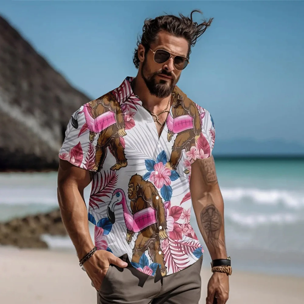 Funny Gorilla Flamingo 3D Print Shirts Men Summer Fashion Shirt Casual Vintage Streetwear Short Sleeve Shirt Blouse Man Clothing