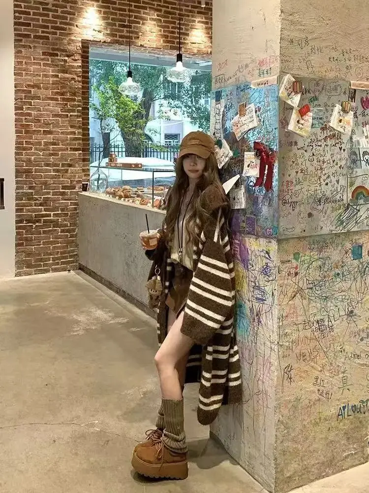 

Korean Sle Lazy Autumn Winter Women's Long Knitted Cardigan Soft Cozy Hooded Striped Sweater Coat Breathable Polyester Fiber