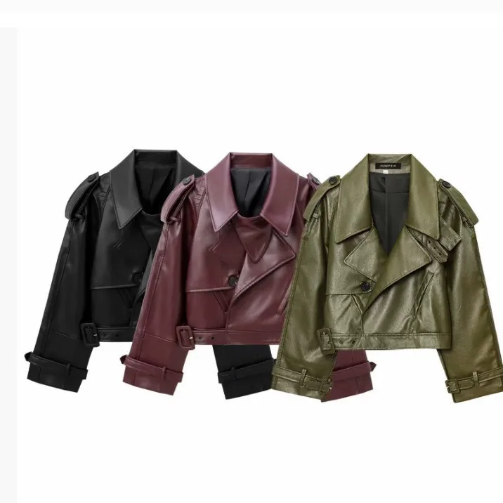 Retro PU Leather Coats Women Turn-down Collar Epaulet Faux Leather Jacket Autumn Winter Jackets Outerwear Overcoats Clothing