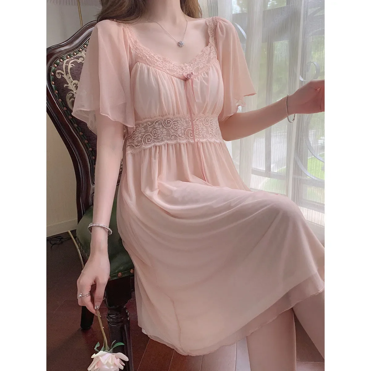 Lace  Lingerie Nighty Wedding Dress Sleep Wear Nightdress Clothes Women's Nightgowns Nightwear  V-Neck Nightgown
