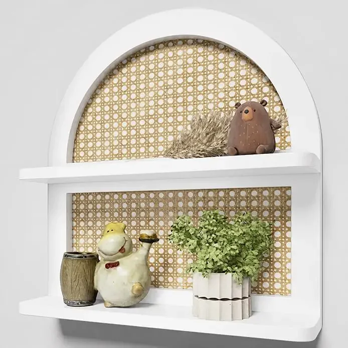 Wood Boho Rattan Wall Shelf - 2-Tier Arched Wicker Floating Shelf White Wood New Boho Shelf, Rustic Farmhouse Nursery Decor Shel