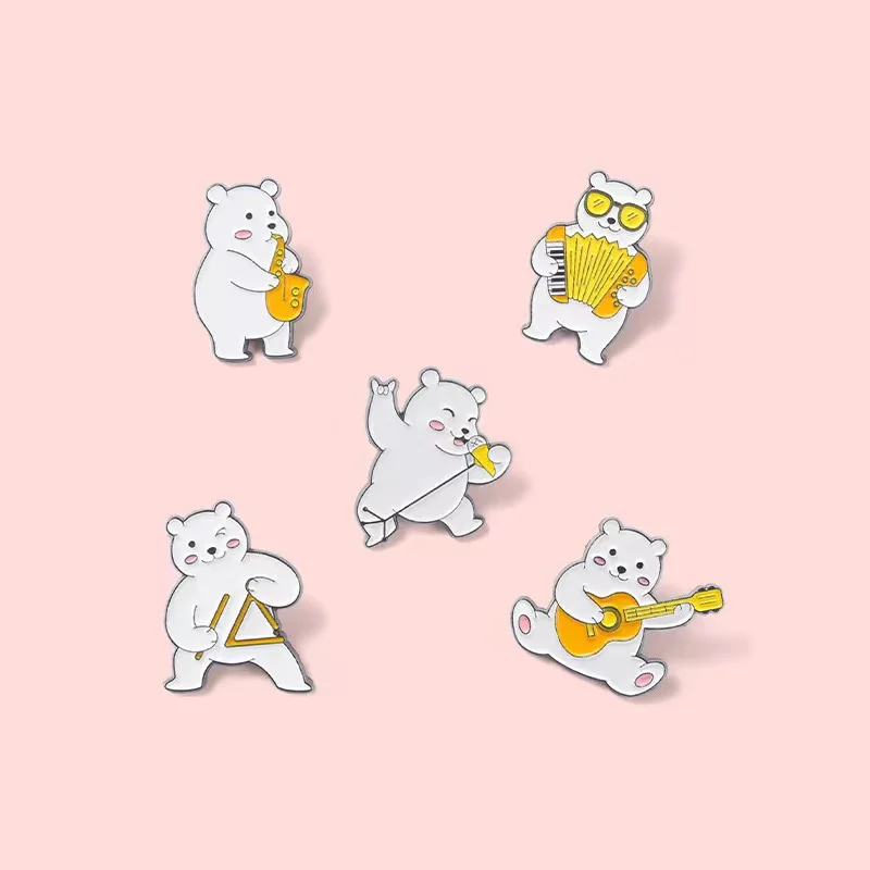 Pin Club | White Bear Concert Custom Brooch Cartoon Animal musical Performance Saxophone Guitar Badges Clothes Hat Decorate Gift