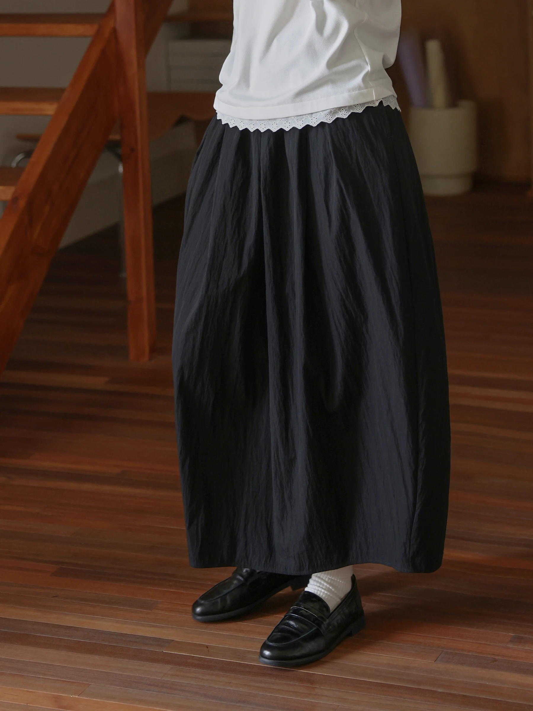 MUNNS Elastic Waist A-Line Midi Skirt Black Elegant Silken Flared Skirt Asymmetric French Style Cotton Blend Long Skirt