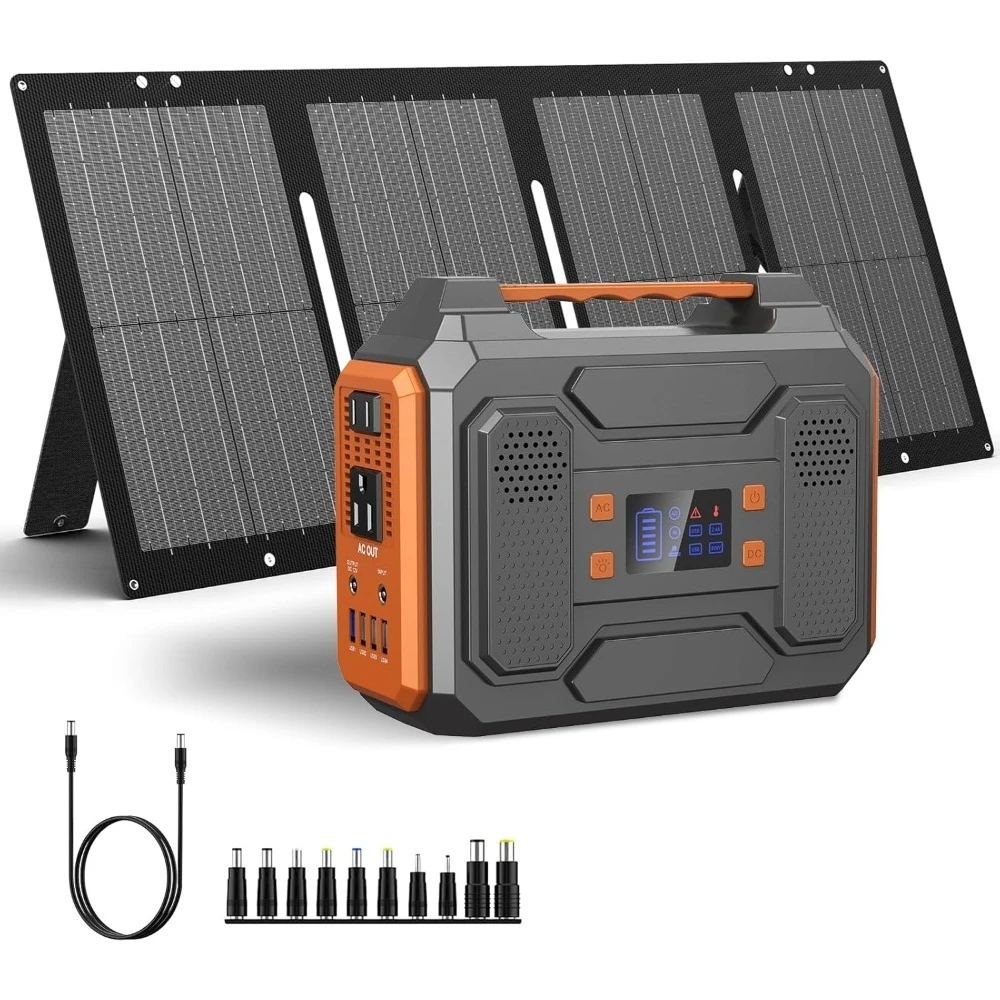 Portable Solar Generator, 300W Portable Power Station with Foldable 60W Solar Panel, 110V Pure Sine Wave 280Wh Lithium Battery