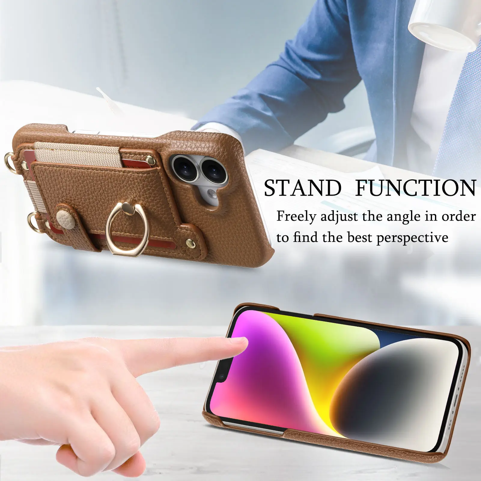 Etui na telefon z paskiem na ramię do iPhone 18 Pro Max 13 11 12 14 15 16 17 Pro Max Plus, damskie, skórzane, z kieszenią na karty i smyczą. — zdjęcie produktu 4