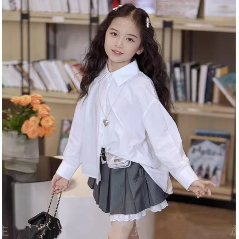 

Girls Fashion Set 2025 Spring Autumn White Large Bow New Stylish Shirt Pleated Skirt Long Sleeves 100-170CM