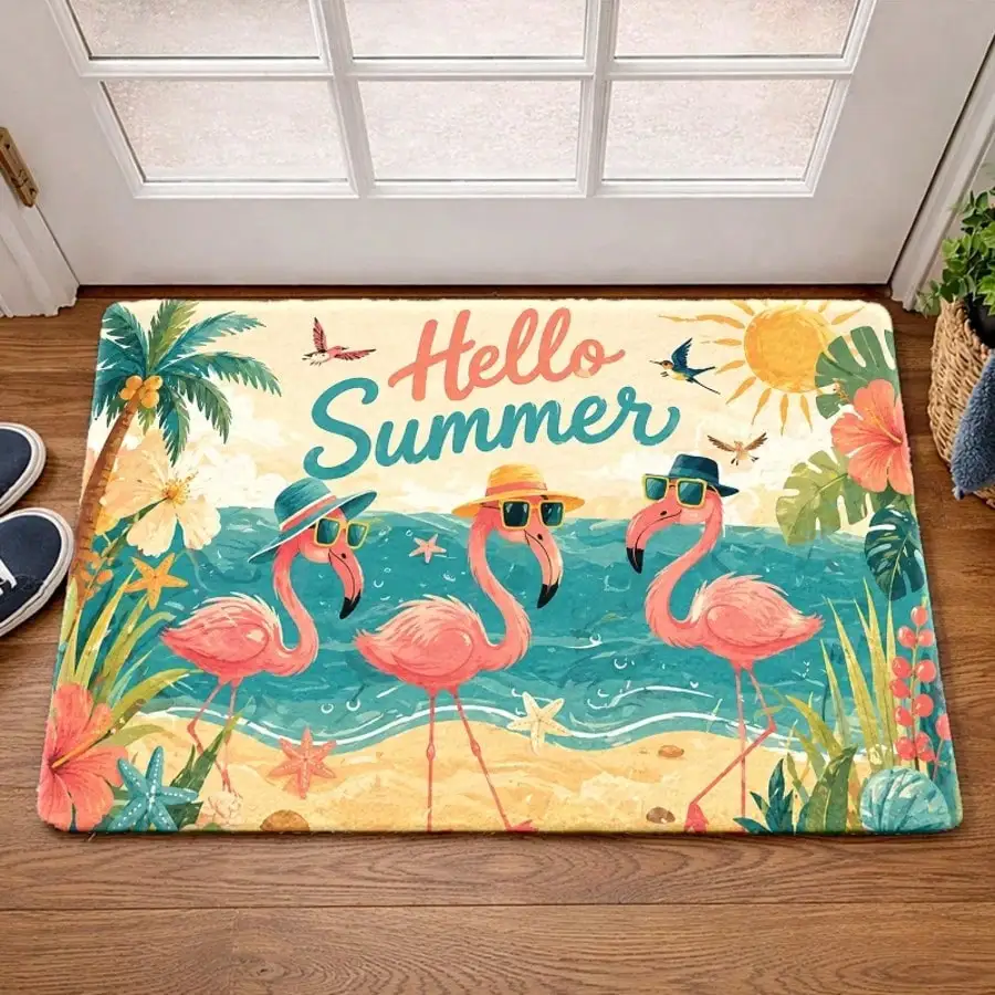 Newest Hello Summer Beach Flamingo Doormat, Tropical Ocean Palm Leaf Front Door Mat for Outdoor Entrance Decor