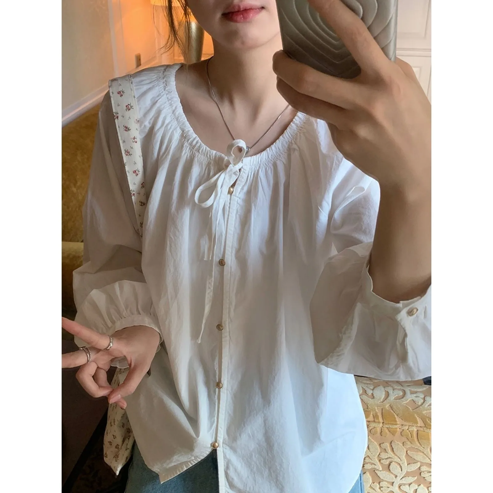 

Женская блузка с рюшами и бантом на весну и лето, винтажная рубашка с круглым вырезом, свободная рубашка с длинными рукавами, милый кукольный воротник, повседневная верхняя одежда, топ