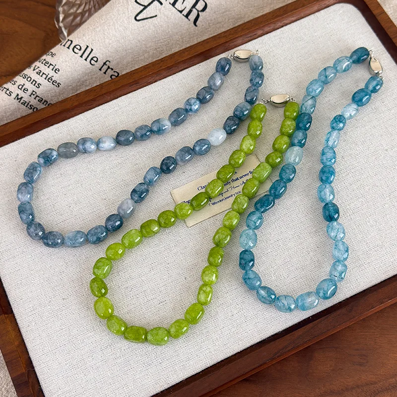 Necklace Colorful Irregular Natural Stone Beads Vintage New Chinese Style Ingot Clasp Clavicle Chain Women Lightweight Daily