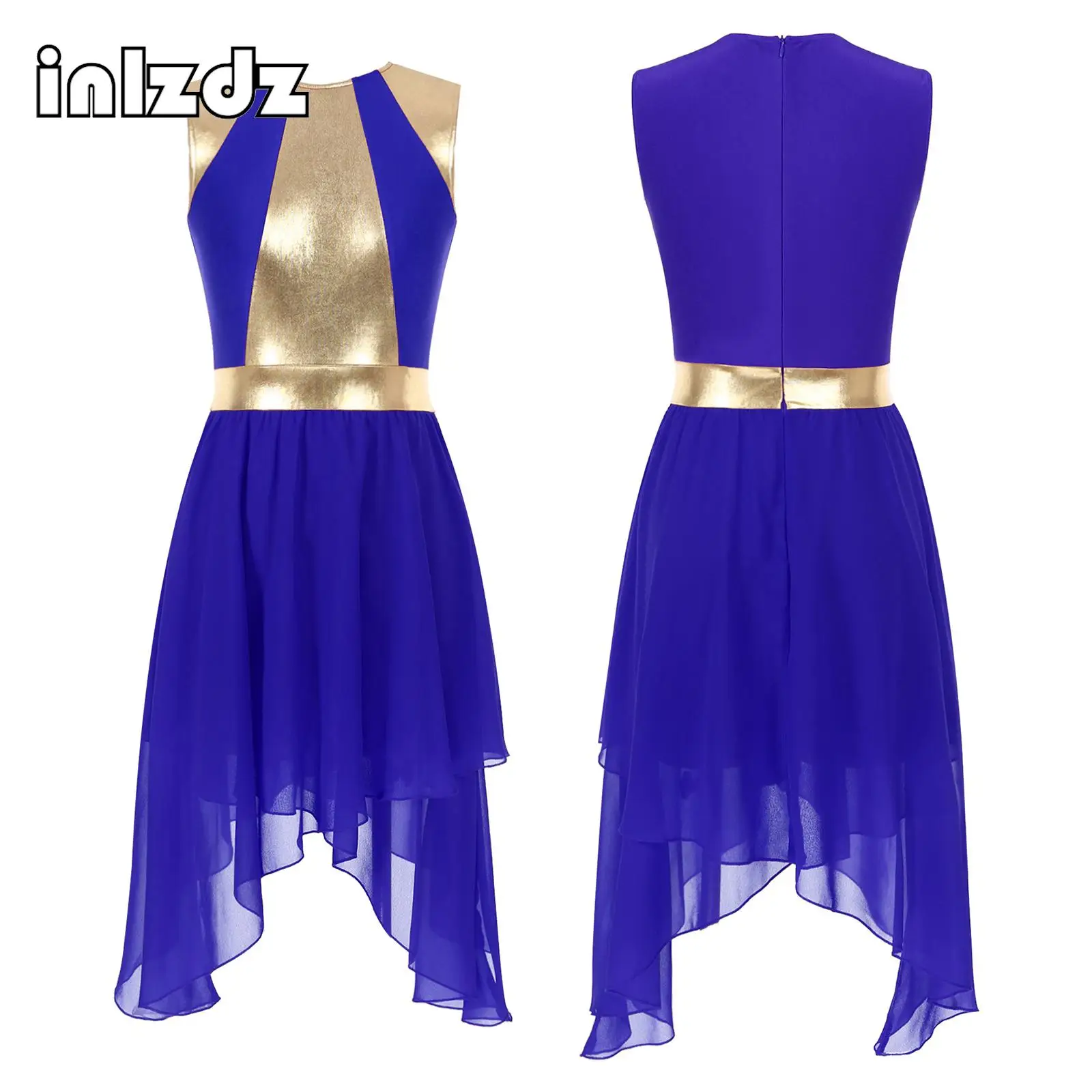 

Womens Metallic Color Block Lyrical Dance Dress Invisible Zipper Back Irregular Hem Round Neck Sleeveless Church Choir Dancewear