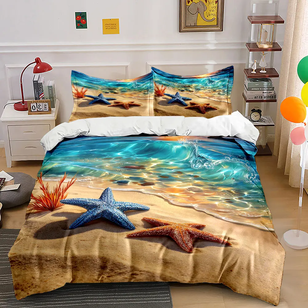 Beach Waves and Colorful Starfish Printed Duvet Cover Set 1 Duvet Cover+2 Pillowcase Multi Size Bedroom Bedding Decoration