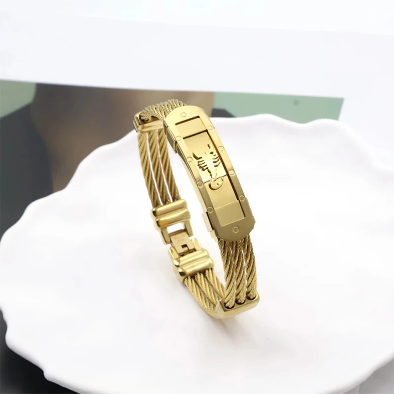 New Scorpion Bracelet, Men's Stainless Steel Gold-Plated Twisted Wire Bracelet