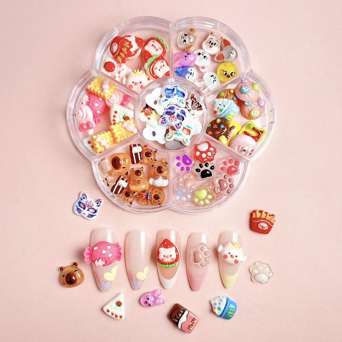 1 caixa misturada bonito simulado sobremesa doces borboleta decorações da arte do prego resina 3d dos desenhos animados gato peixe urso encantos do prego suprimentos