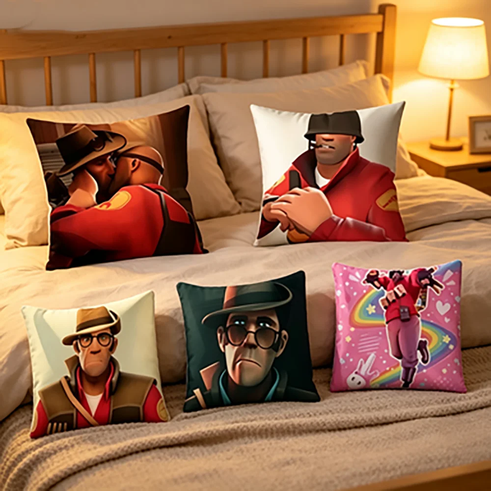 TF2 Game Themed Hot T-Team F-Fortress 2 Short Plush Pillowcase Cushion Cover with Invisible Zipper for Sofa Room Decor